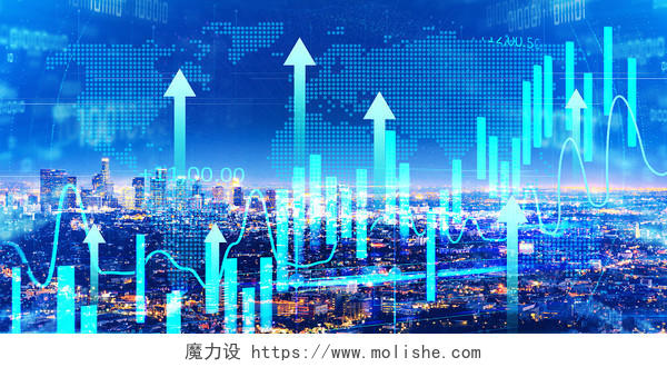 蓝色紫色简约商务科技感柱状图箭头数据分析展板背景高速发展背景